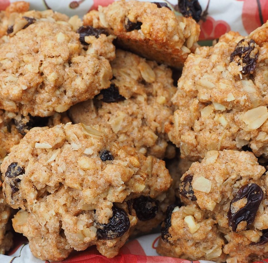 Close-up of five oatmeal raisin cookies