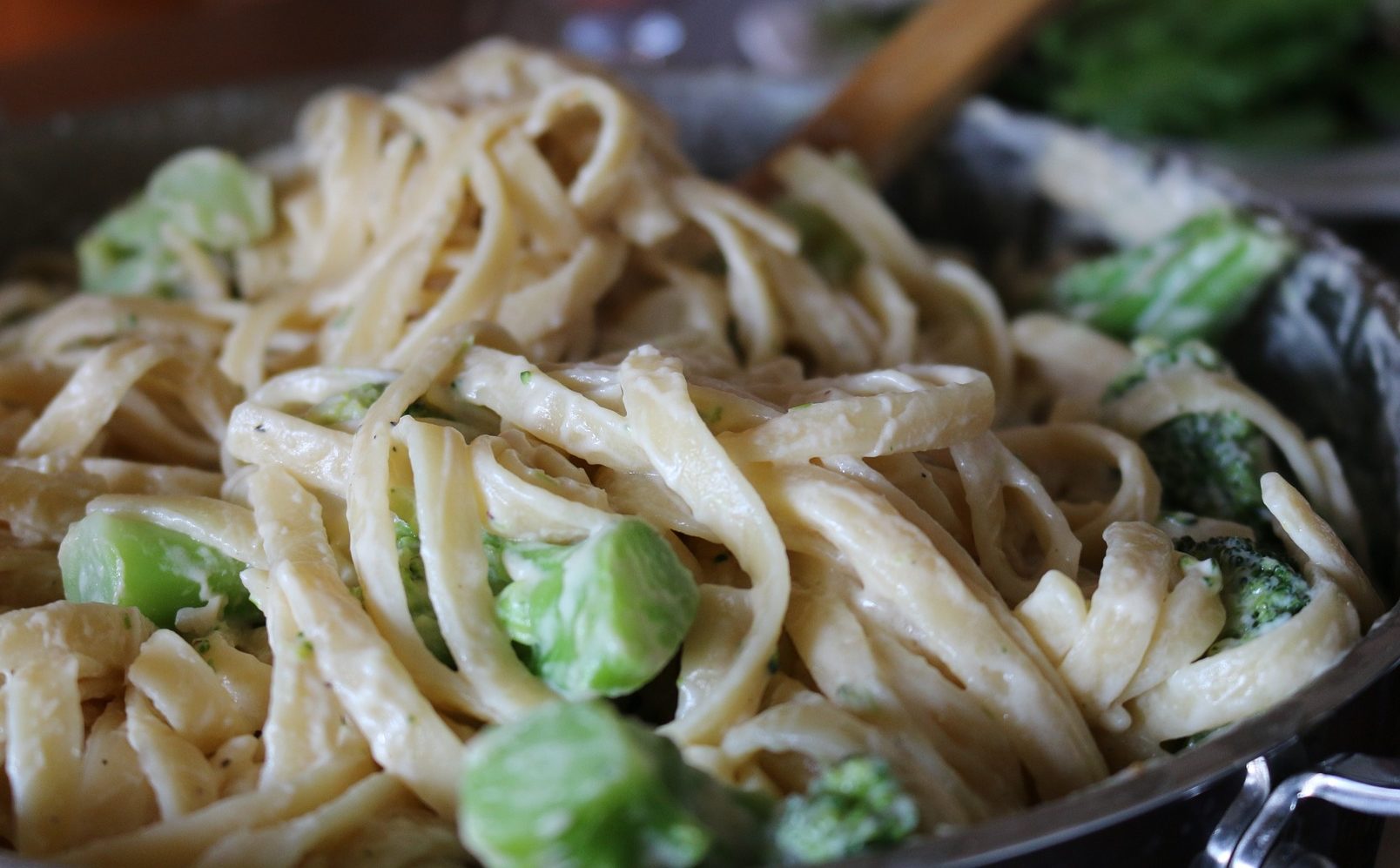 Close-up view of broccoli alfredo pasta